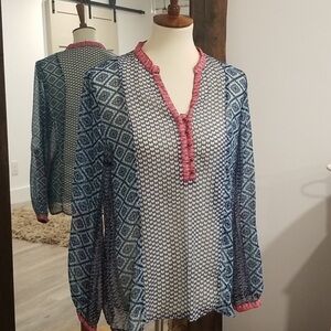 NWT, JW Long Sleeve Sheer V-Neck Blue, Pink and White Blouse